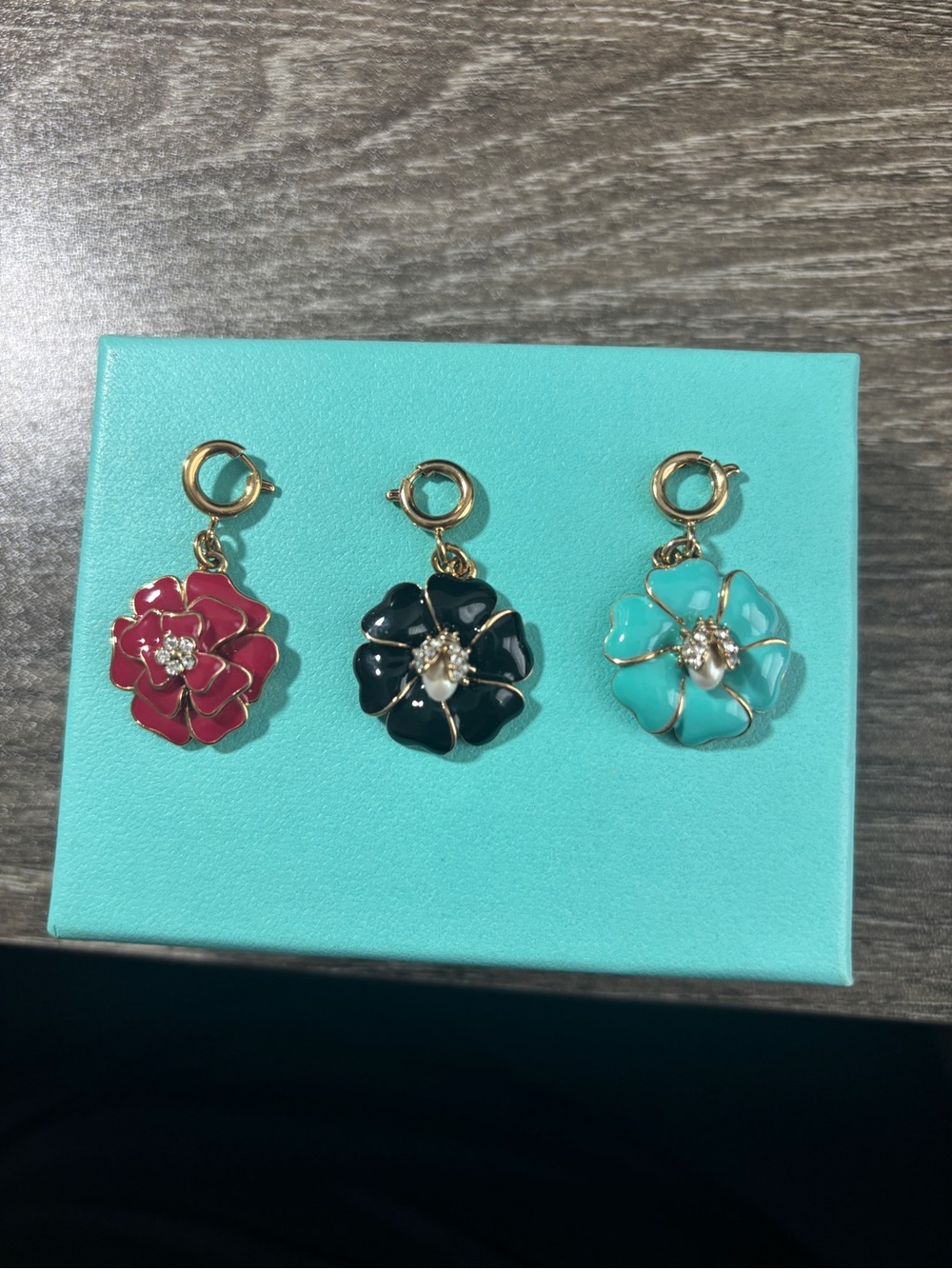 Stella and Dot Gold Tone Floral Drop Charm - Red, Black, Turquoise Bundle